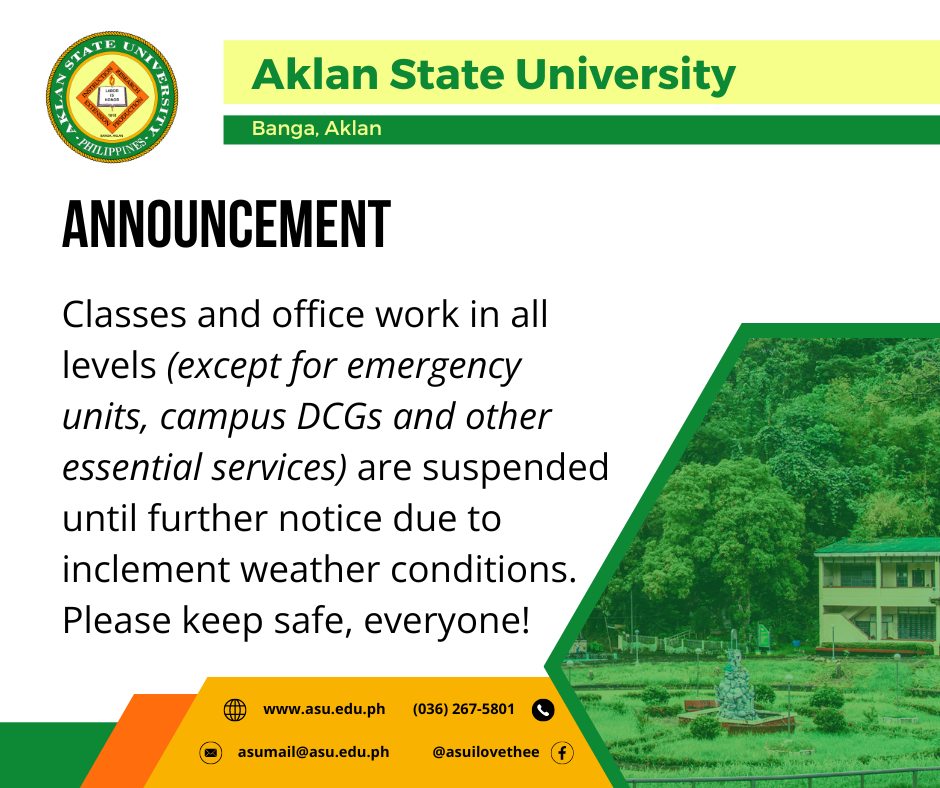 By virtue of Memorandum Order No. 09-531, s. 2024, classes and office work in all levels (except for campus DCGs, emergency units, and other essential services) are suspended until further notice due to inclement weather conditions. Please keep safe, everyone!