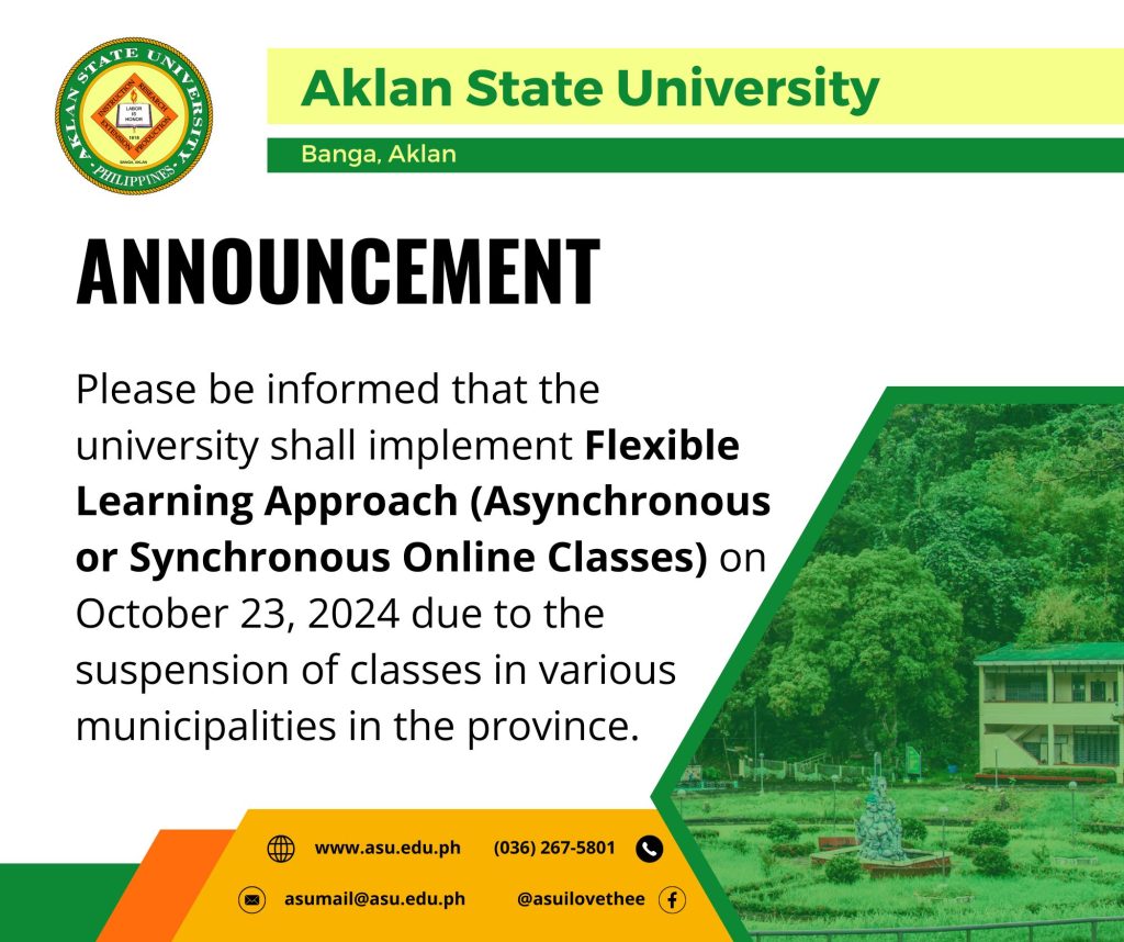 ANNOUNCEMENT: The university shall implement Flexible Learning Approach (Asynchronous or Synchronous Online Classes) on October 23, 2024.